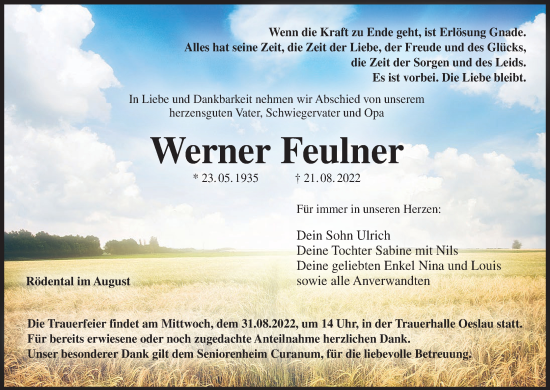 Anzeige von Werner Feulner von MGO