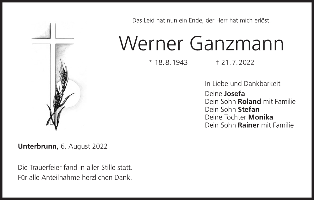  Traueranzeige für Werner Ganzmann vom 06.08.2022 aus MGO