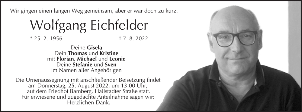  Traueranzeige für Wolfgang Eichfelder vom 20.08.2022 aus MGO
