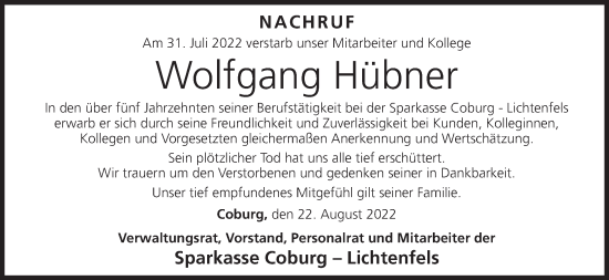 Anzeige von Wolfgang Hübner von MGO