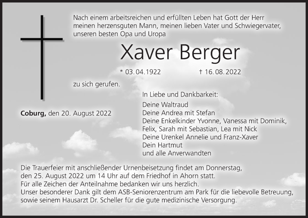 Traueranzeige für Xaver Berger vom 20.08.2022 aus MGO