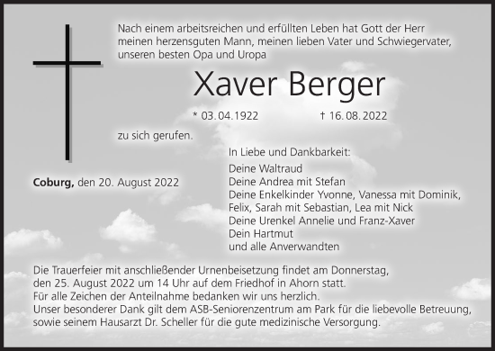 Anzeige von Xaver Berger von MGO