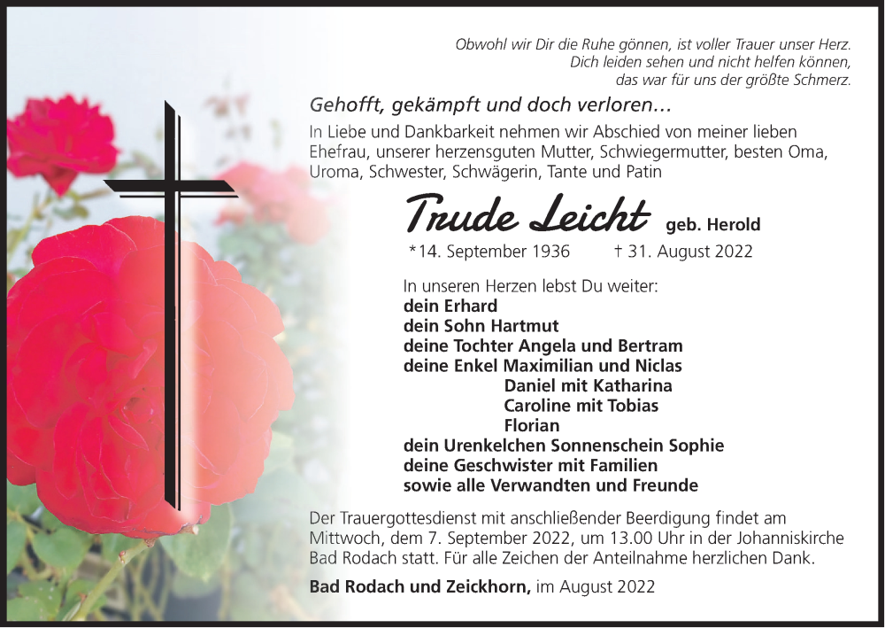  Traueranzeige für Trude Leicht vom 03.09.2022 aus MGO