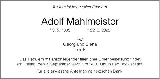 Anzeige von Adolf Mahlmeister von MGO