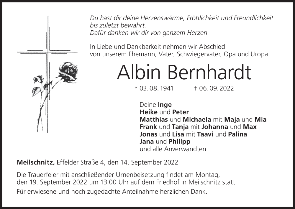  Traueranzeige für Albin Bernhardt vom 14.09.2022 aus MGO