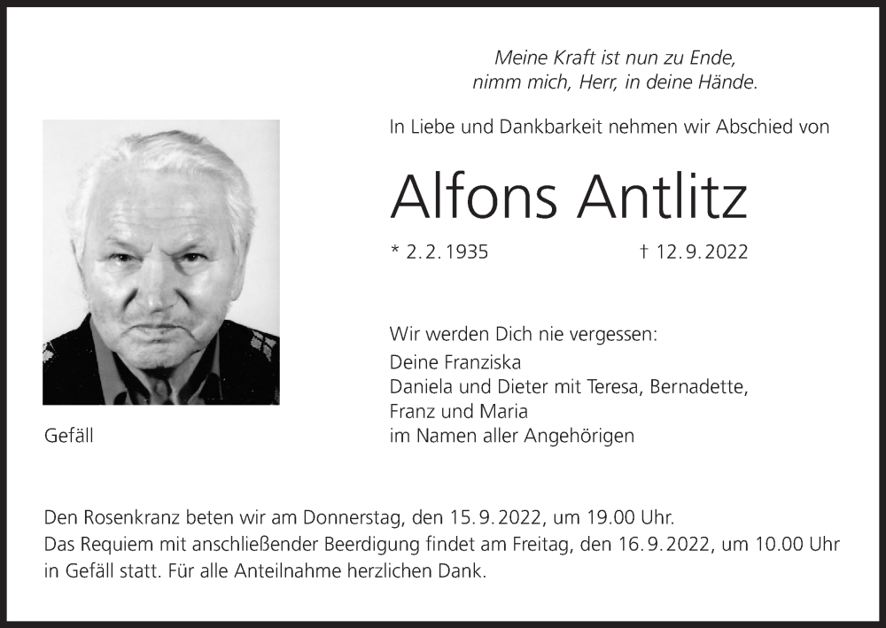  Traueranzeige für Alfons Antlitz vom 14.09.2022 aus MGO