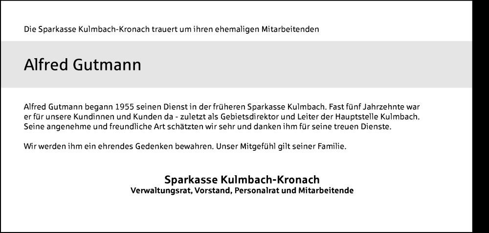  Traueranzeige für Alfred Gutmann vom 06.09.2022 aus MGO