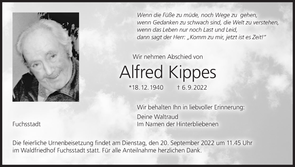  Traueranzeige für Alfred Kippes vom 17.09.2022 aus MGO