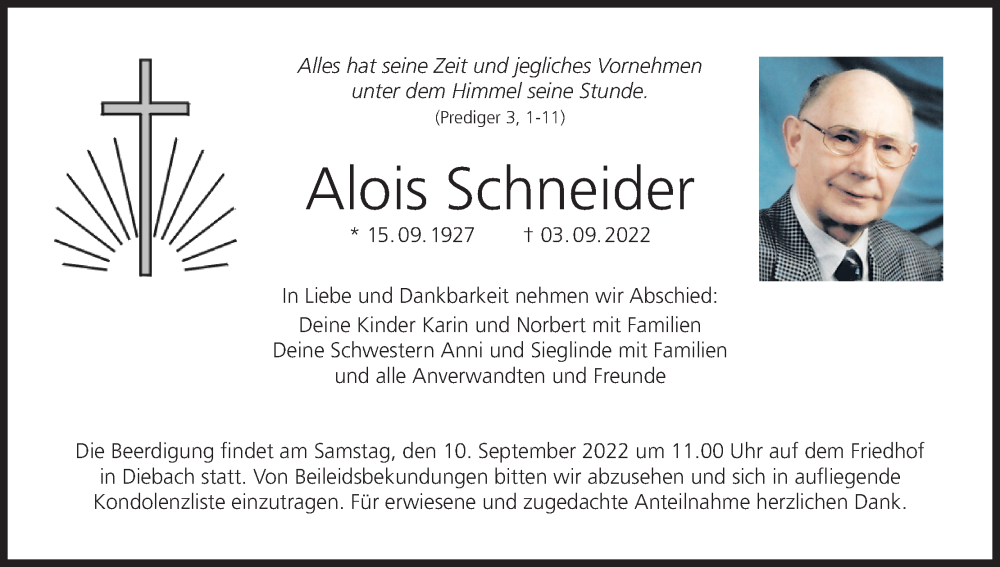  Traueranzeige für Alois Schneider vom 07.09.2022 aus MGO