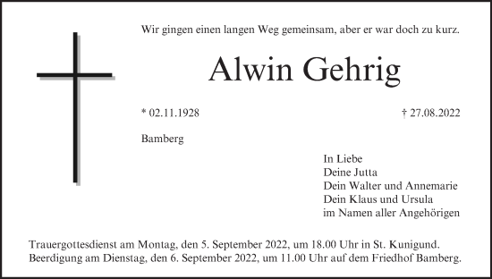 Anzeige von Alwin Gehrig von MGO