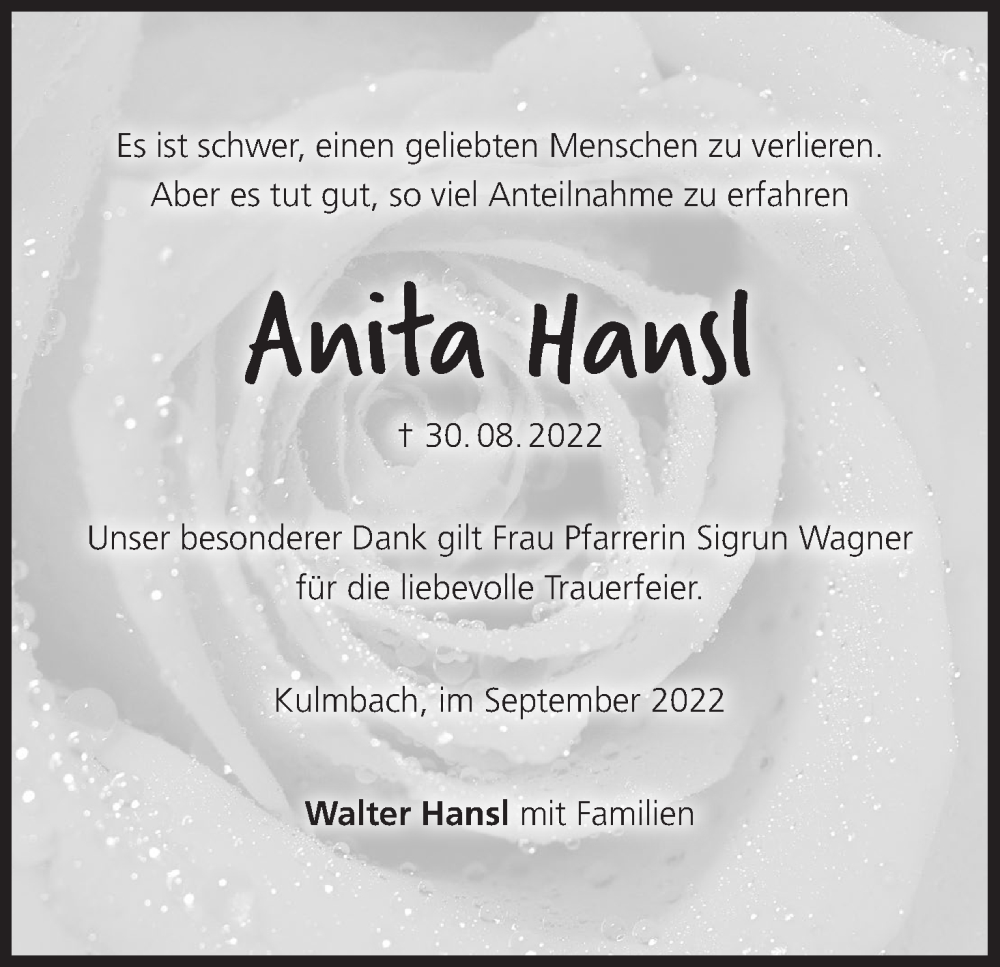  Traueranzeige für Anita Hansl vom 24.09.2022 aus MGO