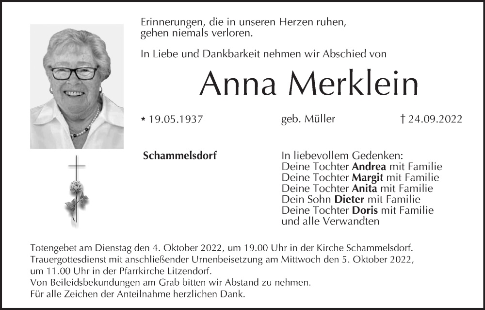  Traueranzeige für Anna Merklein vom 01.10.2022 aus MGO