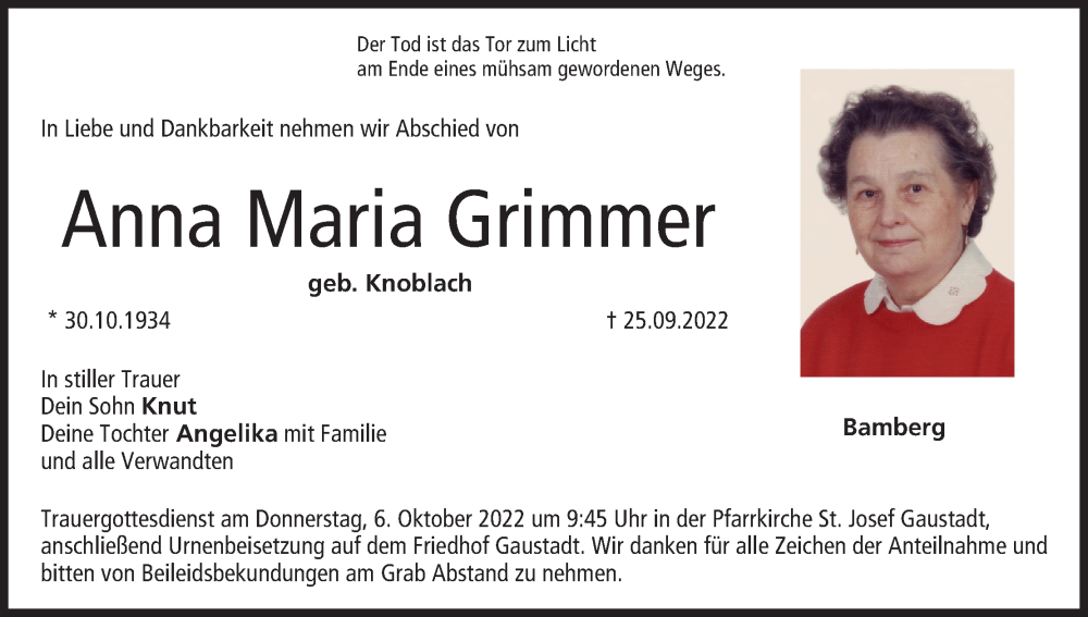  Traueranzeige für Anna Maria Grimmer vom 01.10.2022 aus MGO