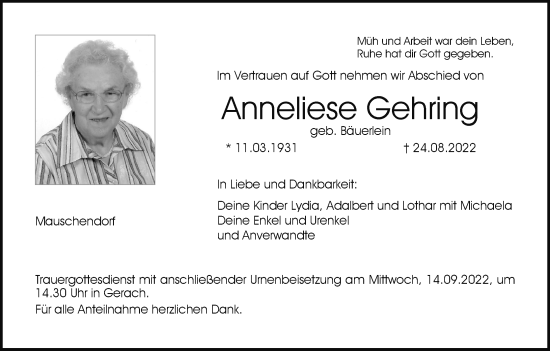 Anzeige von Anneliese Gehring von MGO