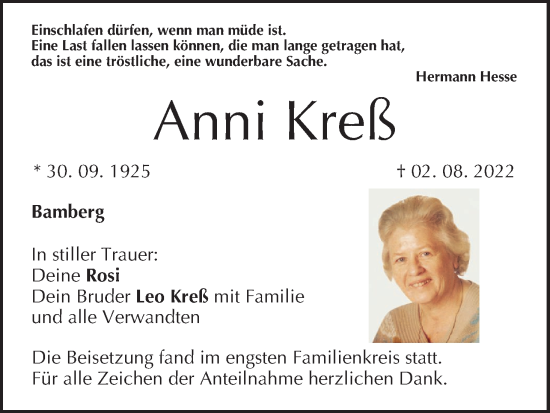 Anzeige von Anni Kreß von MGO