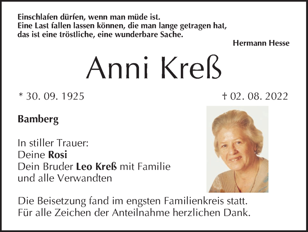  Traueranzeige für Anni Kreß vom 10.09.2022 aus MGO