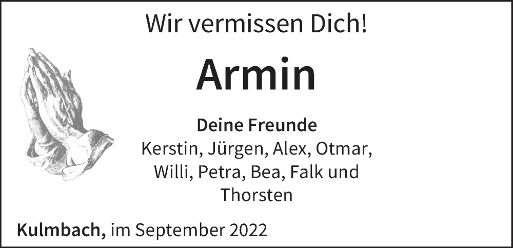  Traueranzeige für Armin  vom 03.09.2022 aus MGO