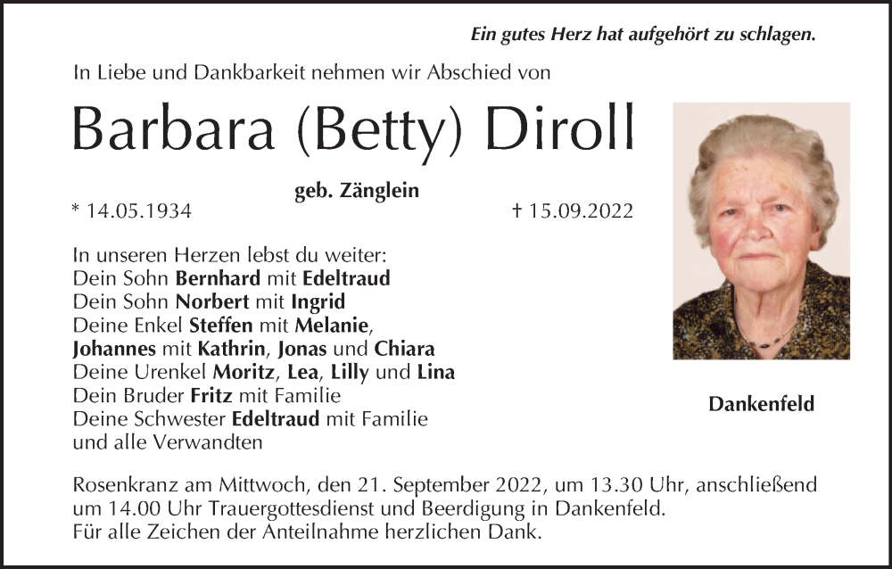  Traueranzeige für Barbara  Diroll vom 17.09.2022 aus MGO