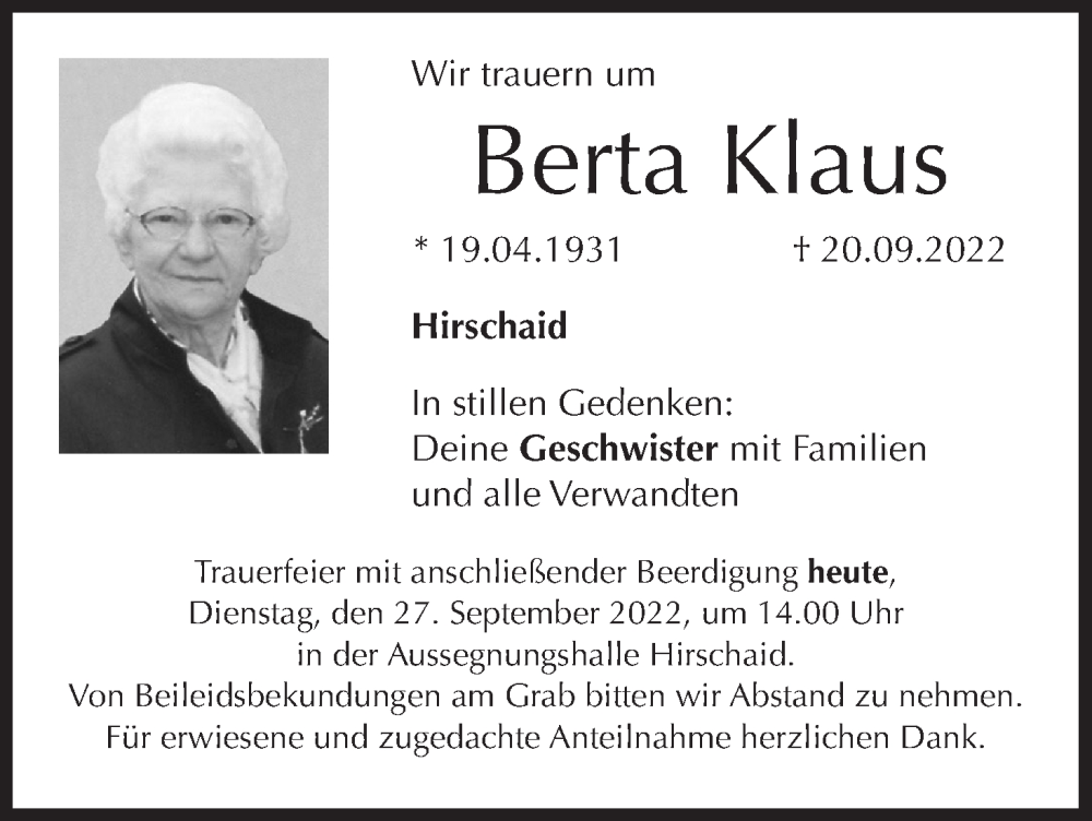  Traueranzeige für Berta Klaus vom 27.09.2022 aus MGO