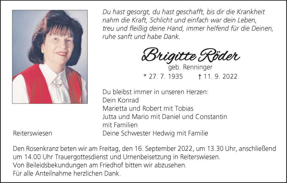  Traueranzeige für Brigitte Röder vom 14.09.2022 aus MGO