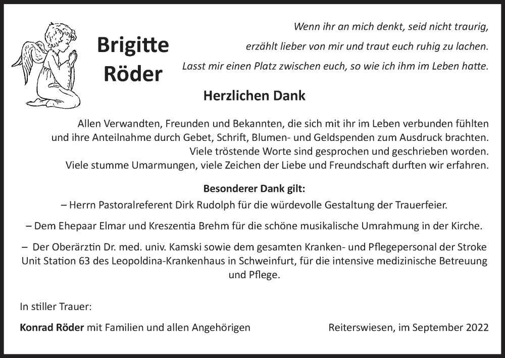  Traueranzeige für Brigitte Röder vom 01.10.2022 aus MGO