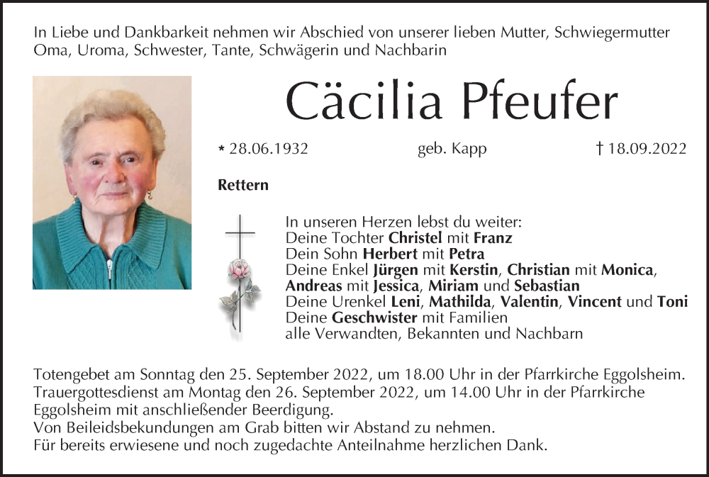  Traueranzeige für Cäcilia Pfeufer vom 24.09.2022 aus MGO