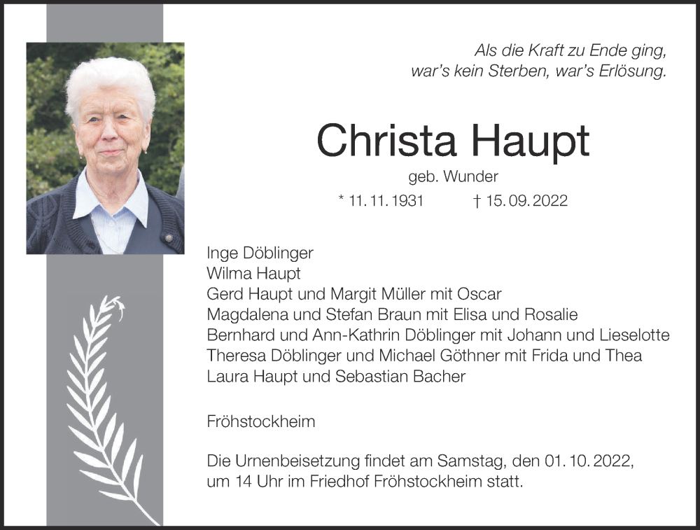  Traueranzeige für Christa Haupt vom 24.09.2022 aus MGO