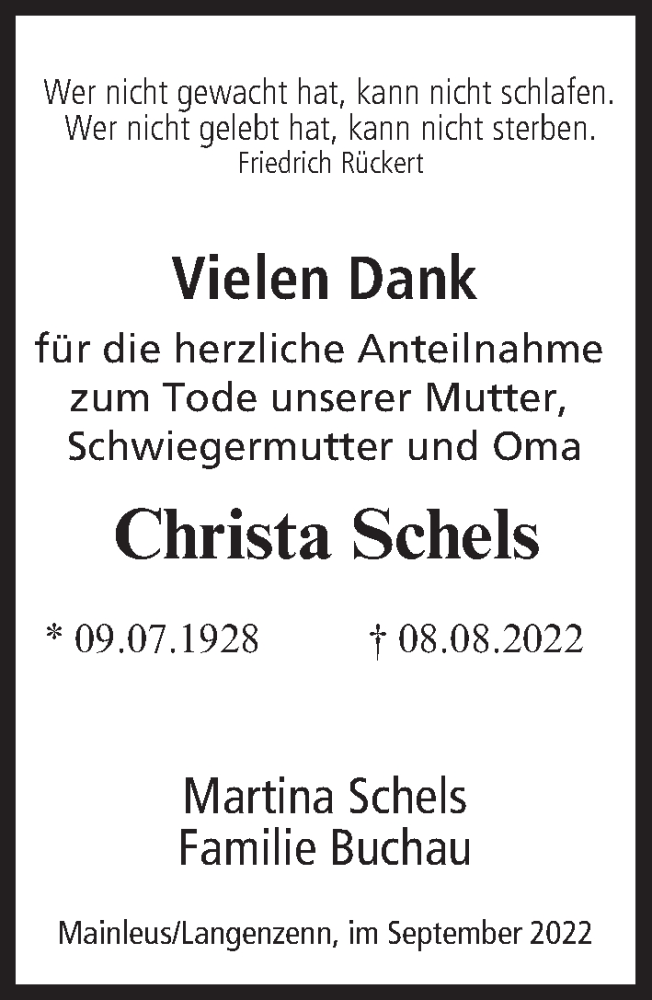  Traueranzeige für Christa Schels vom 10.09.2022 aus MGO