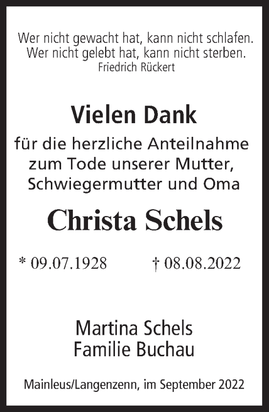 Anzeige von Christa Schels von MGO
