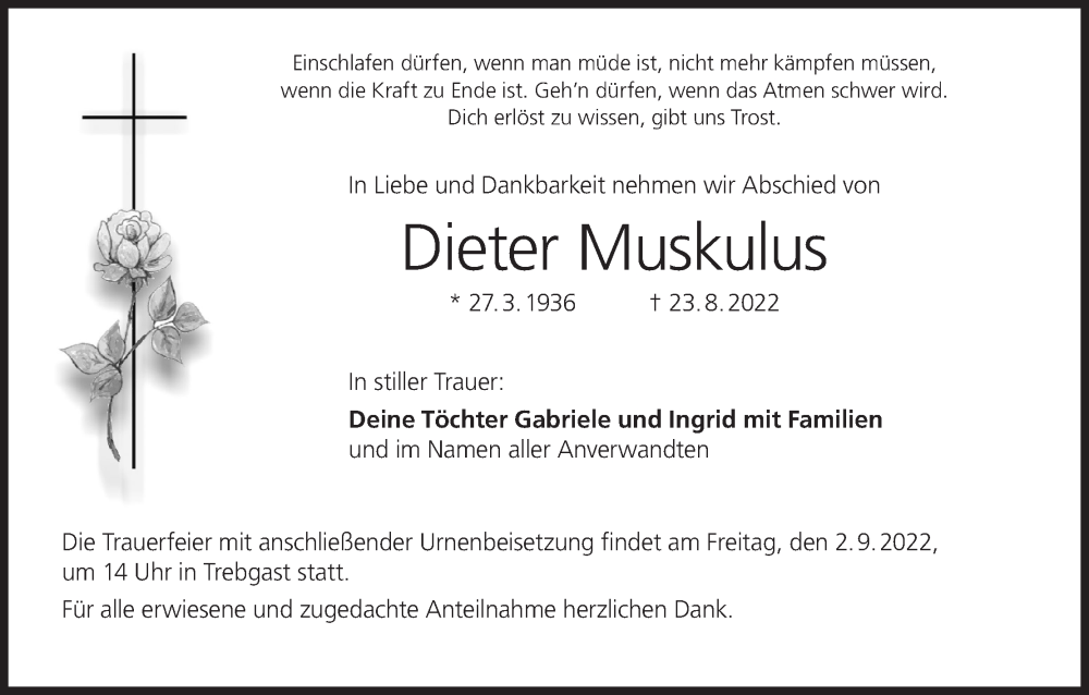  Traueranzeige für Dieter Muskulus vom 31.08.2022 aus MGO