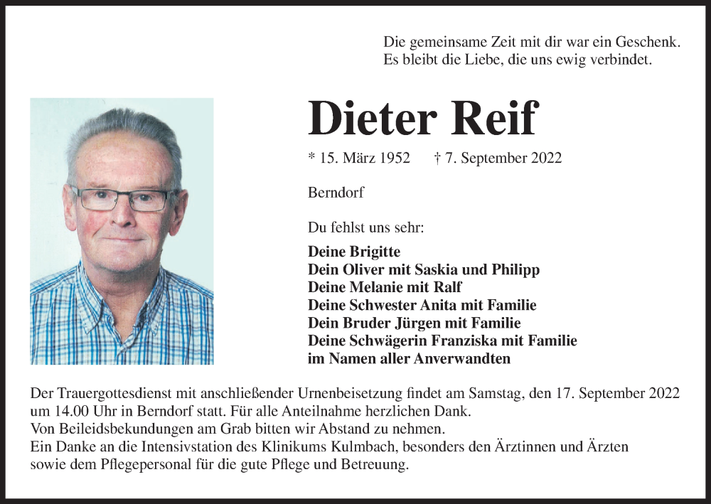  Traueranzeige für Dieter Reif vom 14.09.2022 aus MGO