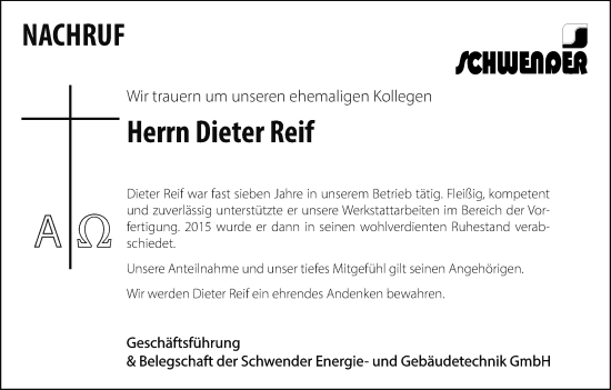 Anzeige von Dieter Reif von MGO