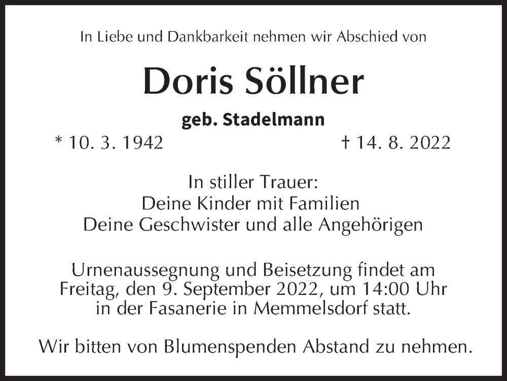  Traueranzeige für Doris Söllner vom 03.09.2022 aus MGO