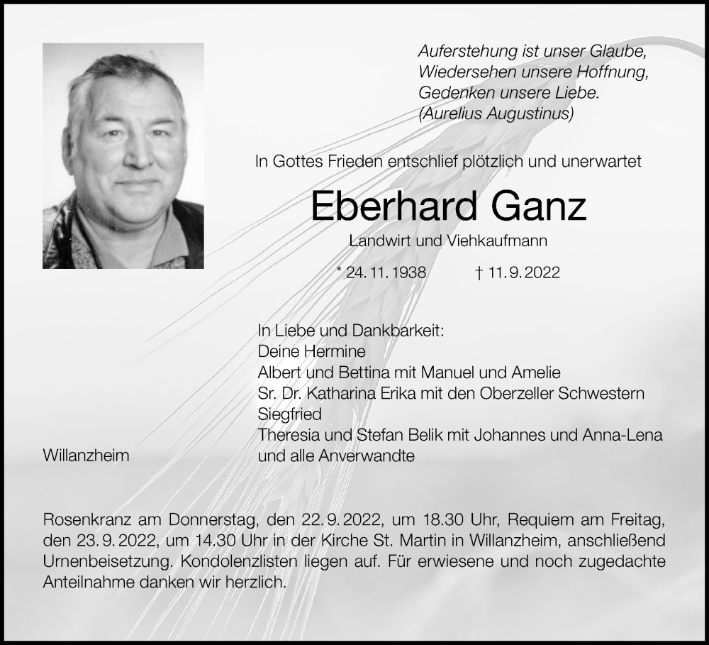 Traueranzeige für Eberhard Ganz vom 17.09.2022 aus MGO
