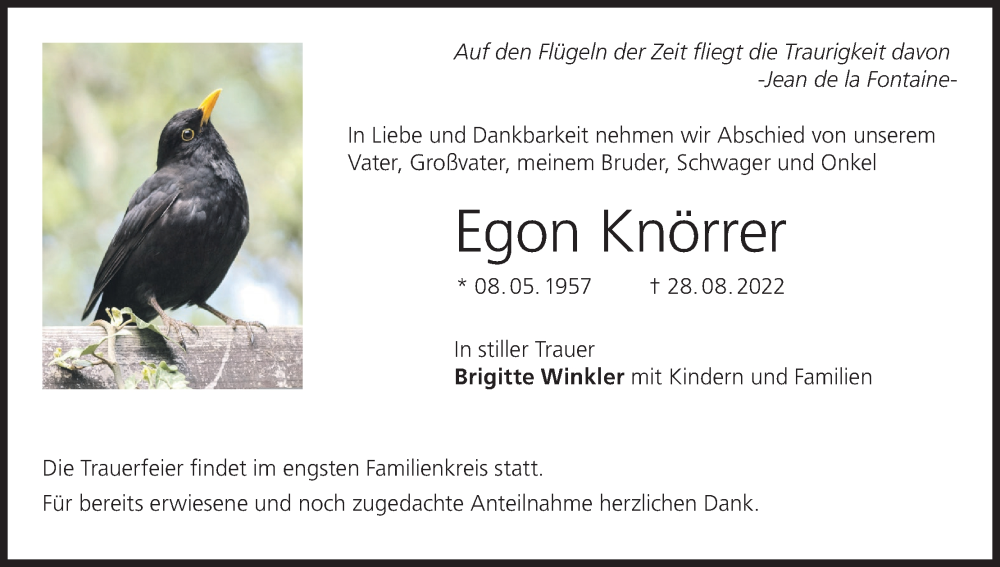  Traueranzeige für Egon Knörrer vom 17.09.2022 aus MGO