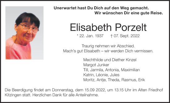 Anzeige von Elisabeth Porzelt von MGO