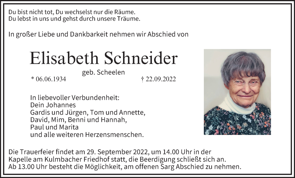  Traueranzeige für Elisabeth Schneider vom 26.09.2022 aus MGO