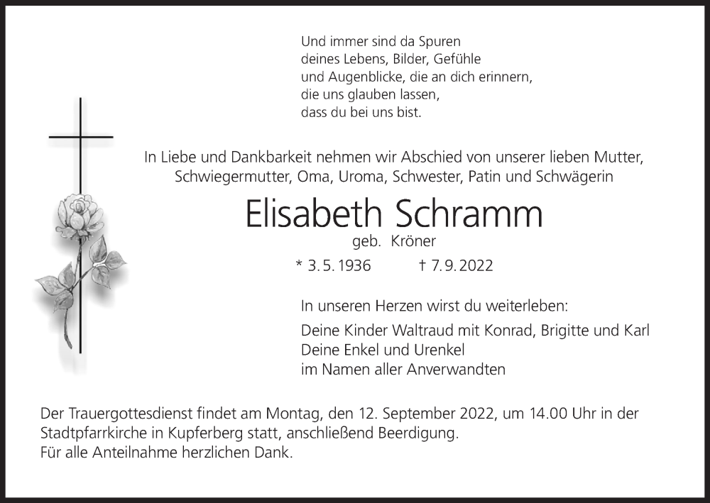  Traueranzeige für Elisabeth Schramm vom 10.09.2022 aus MGO
