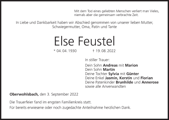 Anzeige von Else Feustel von MGO