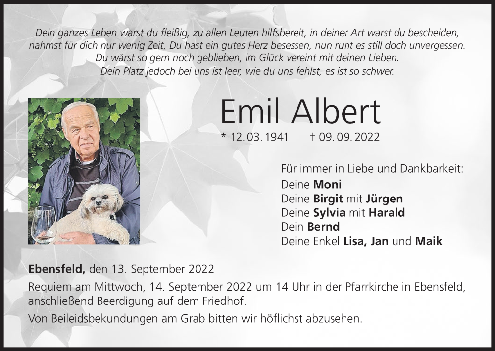  Traueranzeige für Emil Albert vom 13.09.2022 aus MGO