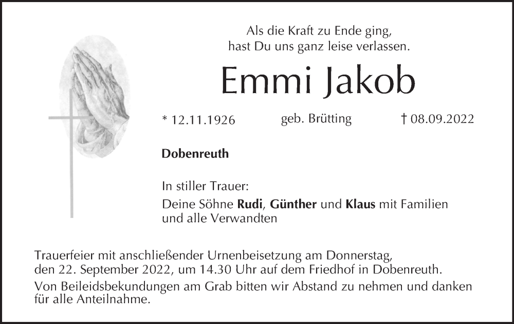  Traueranzeige für Emmi Jakob vom 17.09.2022 aus MGO