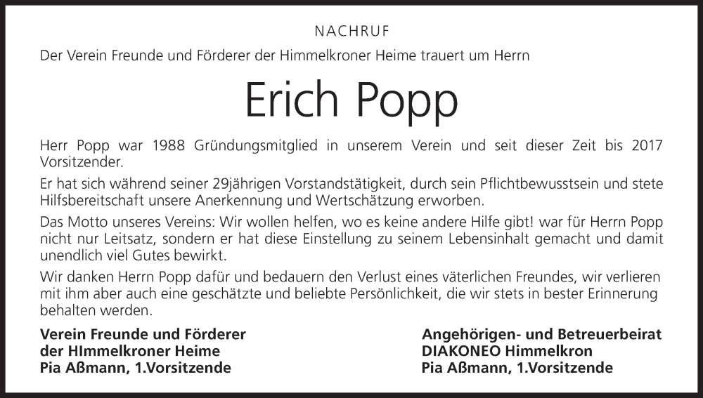  Traueranzeige für Erich Popp vom 01.09.2022 aus MGO