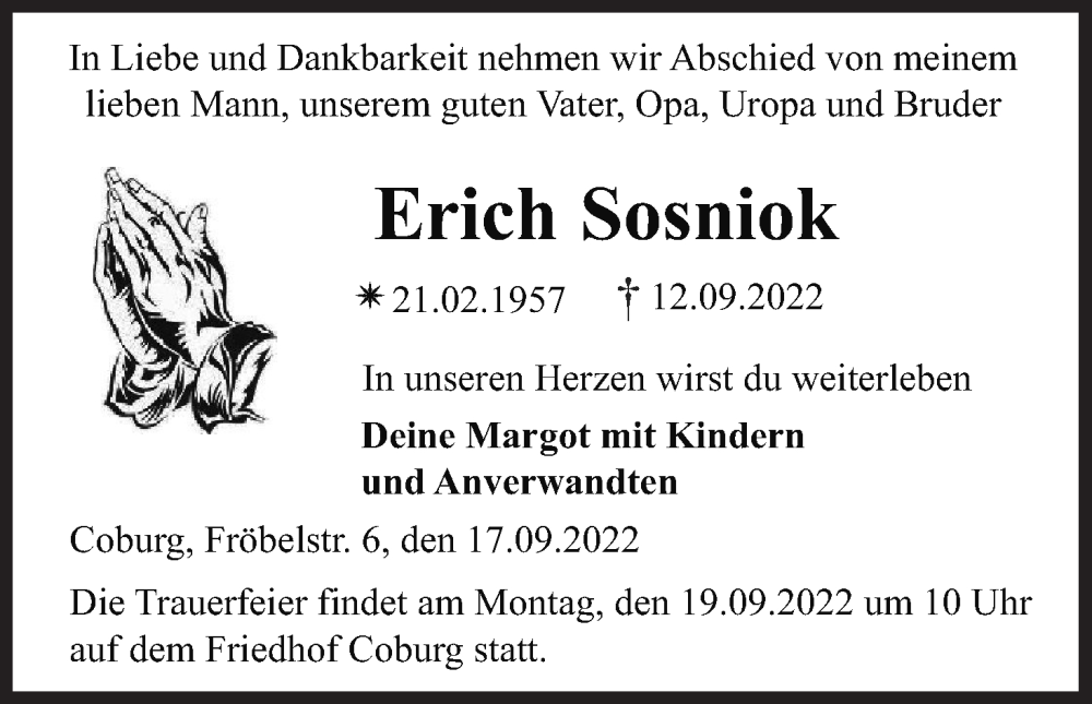  Traueranzeige für Erich Sosniok vom 17.09.2022 aus MGO