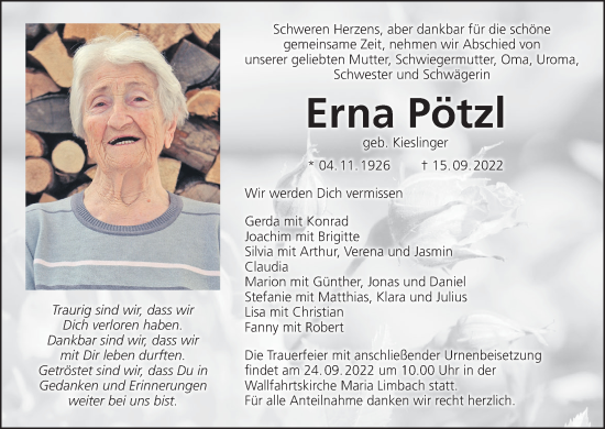 Anzeige von Erna Pötzl von MGO