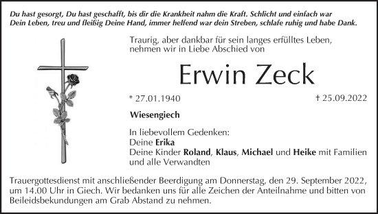 Anzeige von Erwin Zeck von MGO