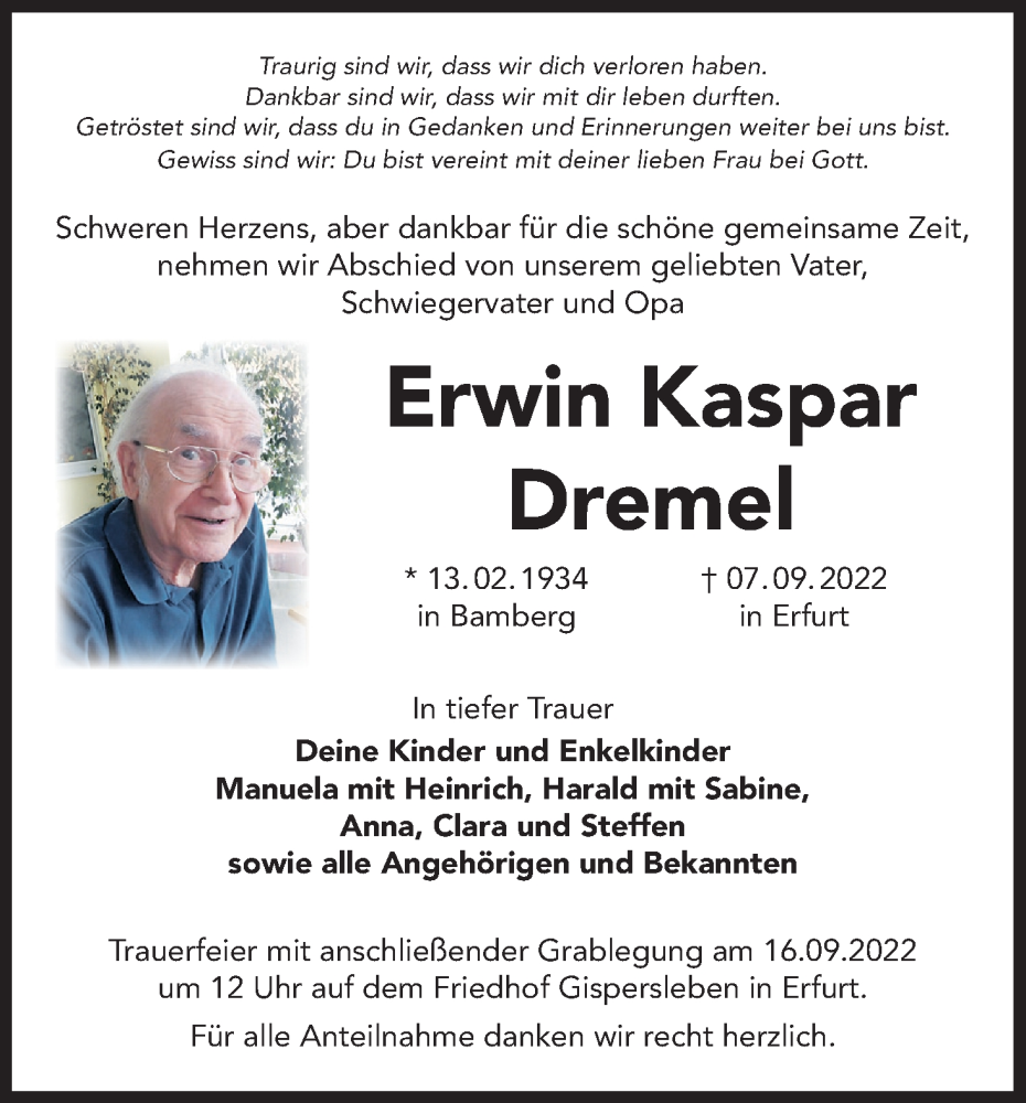  Traueranzeige für Erwin Kaspar Dremel vom 10.09.2022 aus MGO