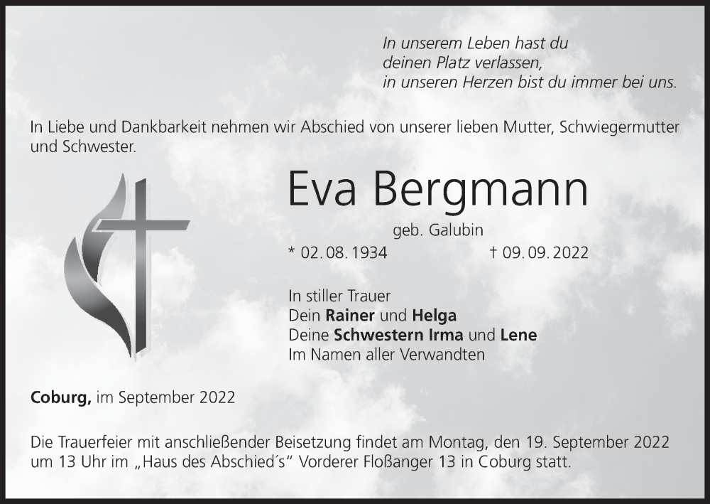  Traueranzeige für Eva Bergmann vom 14.09.2022 aus MGO
