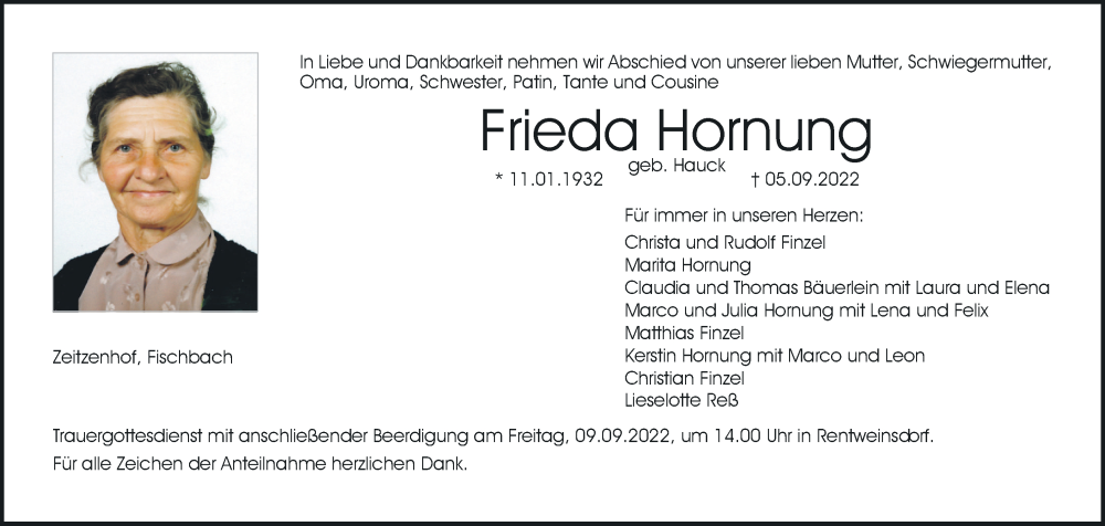  Traueranzeige für Frieda Hornung vom 07.09.2022 aus MGO