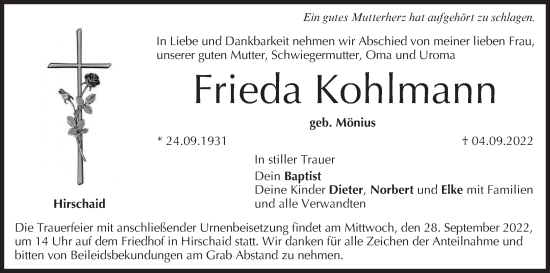 Anzeige von Frieda Kohlmann von MGO