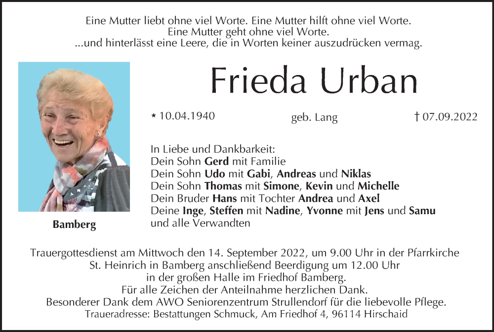 Traueranzeige für Frieda Urban vom 10.09.2022 aus MGO